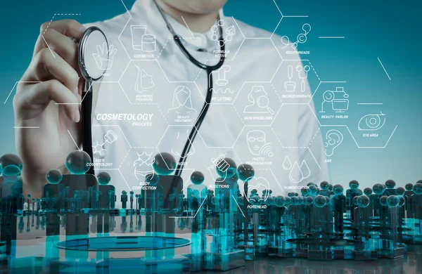 Kozmetik güzellik terapisi, welness, sağlık, sağlık tedavi sanal diyagramı ve düzeltme, gençleştirme, anti-aging prosedür işlemine. Doktor el bir stetoskop ve insan işareti sosyal