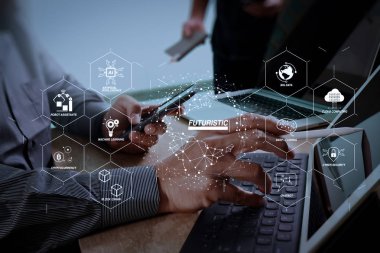 Sanayi 4.0 ve iş Sanal Diyagram AI, robot asistanı, bulut, büyük veri ve otomasyon ile fütüristik. İş takım toplantısı mevcut. Fotoğraf profesyonel yatırımcı bir projeyi yeni başlaması ile birlikte çalışma. 