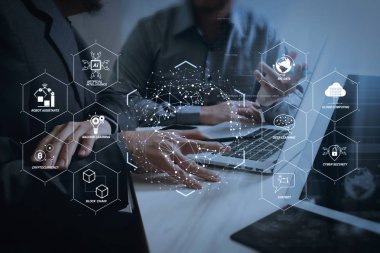 Sanayi 4.0 ve iş Sanal Diyagram AI, robot asistanı, bulut, büyük veri ve otomasyon ile fütüristik. İş takım toplantısı. Fotoğraf profesyonel yatırımcı bir projeyi yeni başlangıç çalışma. Finans görev.
