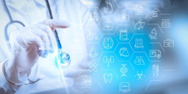 Sağlık ve tıp hizmetleri kavramı ile düz çizgi Ar interface.smart tıbbi doktor stetoskop ile çalışma.
