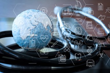 Sağlık ve tıp hizmetleri kavramı ile düz çizgi Ar interface.smart tıbbi doktor stetoskop ile çalışma.