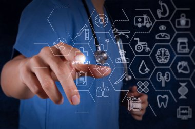Sağlık ve tıp hizmetleri kavramı ile düz çizgi Ar interface.smart tıbbi doktor stetoskop ile çalışma.
