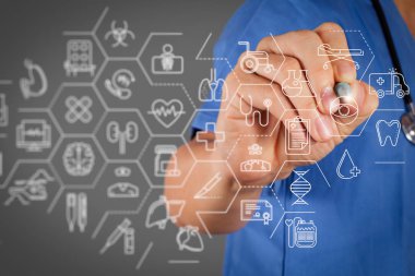 Sağlık ve tıp hizmetleri kavramı ile düz çizgi Ar interface.smart tıbbi doktor stetoskop ile çalışma.
