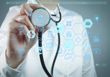 Sağlık ve tıp hizmetleri kavramı ile düz çizgi Ar arayüzey. Doktor el bir stetoskop ve insan işareti sosyal