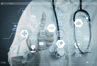 Sağlık ve tıp hizmetleri kavramı ile düz çizgi Ar arayüzey. Doktor el bir stetoskop ve insan işareti sosyal