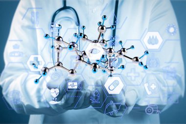 Sağlık ve tıp hizmetleri kavramı ile düz çizgi Ar arayüzey. Kapsül pill ve molekül tıbbi kavram olarak elinde stetoskop