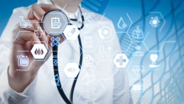 Sağlık ve tıp hizmetleri kavramı ile düz çizgi Ar arayüzey. Doktor el bir stetoskop ve insan işareti sosyal