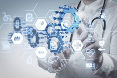 Sağlık ve tıp hizmetleri kavramı düz çizgi Ar interface.scientist doktor el dokunmatik sanal tıbbi ağ kavramı ile
