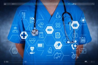 Sağlık ve tıp hizmetleri kavramı ile düz çizgi Ar interface.smart doktor ve teknoloji tıbbi kavram olarak