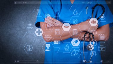 Sağlık ve tıp hizmetleri kavramı ile düz çizgi Ar interface.smart doktor ve teknoloji tıbbi kavram olarak