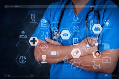 Sağlık ve tıp hizmetleri kavramı ile düz çizgi Ar interface.smart doktor ve teknoloji tıbbi kavram olarak