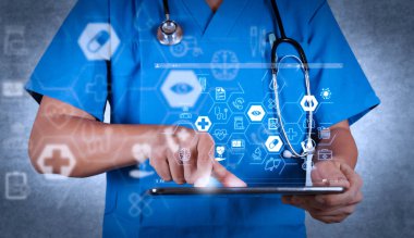 Sağlık ve tıp hizmetleri kavramı ile düz çizgi Ar arayüzey. Doku arka plan dijital bir tablet üzerinde çalışan doktor