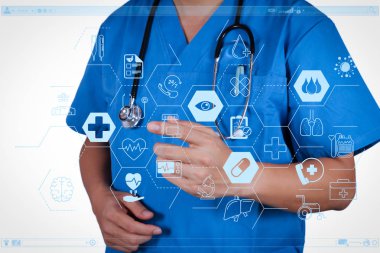 Sağlık ve tıp hizmetleri kavramı ile düz çizgi Ar arayüzey. Akıllı doktor beyaz arka plan üzerinde çalışma