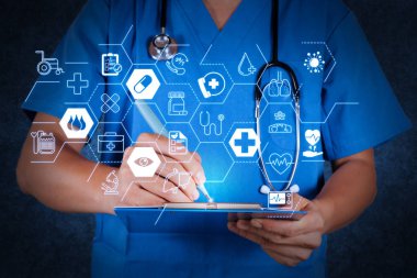 Sağlık ve tıp hizmetleri kavramı ile düz çizgi Ar interface.medical Doktor stetoskop doku arka plan üzerinde yazma ile