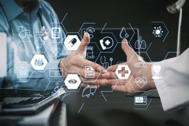 Sağlık ve tıp hizmetleri kavramı ile düz çizgi Ar arayüzey. Tıbbi ve sağlık kavramı, doktor ve hasta hastanede modern ofisindeki tokalaşırken                               