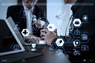 Sağlık ve tıp hizmetleri kavramı ile düz çizgi Ar arayüzey. Tıbbi ve sağlık bakım kavramı, Doktor hastanede modern ofis ekibi ile Toplantı                               