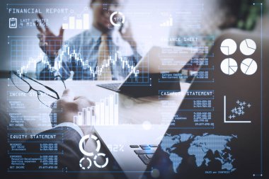 Yatırımcı borsa raporu ve finansal gösterge tablosu ile iş zekası (BI), anahtar performans göstergeleri (KPI) ile analiz. İş takım toplantısı mevcut. profesyonel yatırımcı yeni başlangıç projesi çalışma.