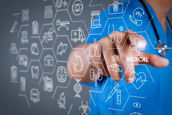 Sağlık ve tıp hizmetleri kavramı ile düz çizgi Ar interface.smart tıbbi doktor stetoskop ile çalışma.
