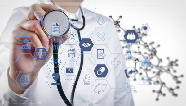 Здравоохранение и медицинские услуги концепция с плоской линии AR interface.Stethoscope в сочетании с капсулы таблетки и молекулы в качестве медицинской концепции
