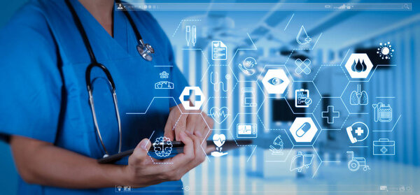 Health care and medical services concept with flat line AR interface.success smart medical doctor with operating room.