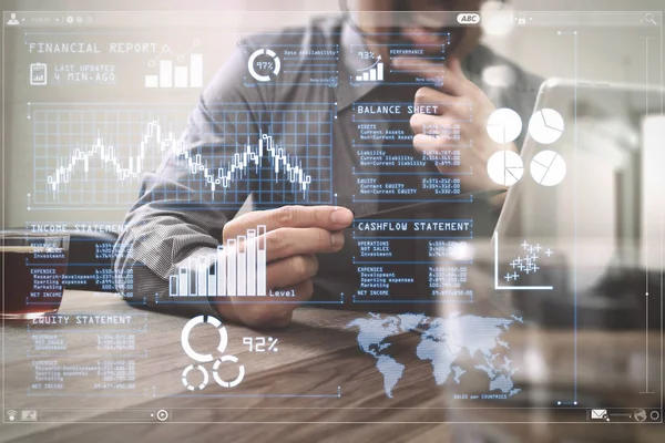 Investidor Analisando Relatório Mercado Ações Painel Financeiro Com Business Intelligence — Fotografia de Stock