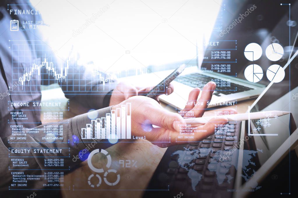 Investor analyzing stock market report and financial dashboard with business intelligence (BI), with key performance indicators (KPI).Businessman hand working concept. Photo professional investor working new startup project.