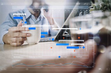 Project manager working and update tasks with milestones progress planning and Gantt chart scheduling virtual diagram.co working website designers working at office and holding a cup of coffee,working on smart phone. clipart