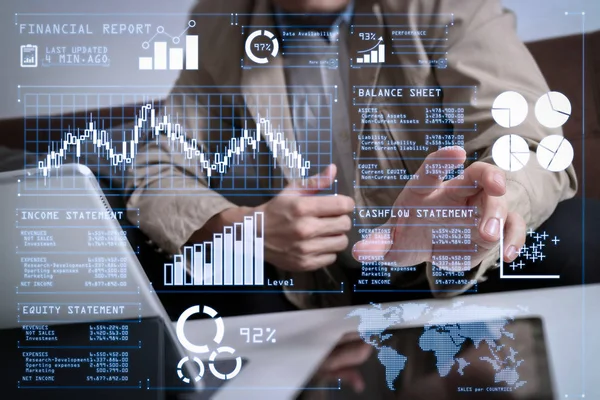 Investerare Analysera Aktiemarknaden Rapport Och Finansiella Dashboard Med Business Intelligence — Stockfoto