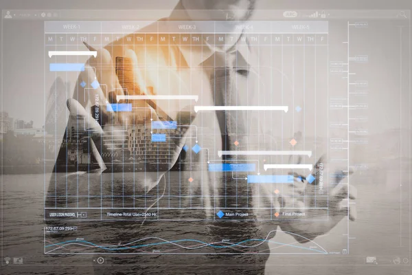 프로젝트 관리자 업데이트 작업을 Gantt Diagram Success 실업가 열합니다 — 스톡 사진