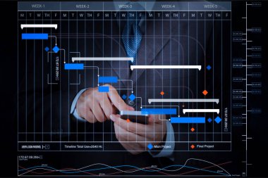 Proje Yöneticisi çalışma ve güncelleştirme görevleri kilometre taşları ilerleme planlama ve Gantt grafiği mobil akıllı telefon kullanarak sanal diagram.businessman ele zamanlama.