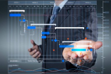 Project manager working and update tasks with milestones progress planning and Gantt chart scheduling virtual diagram.business man with an open hand as showing something concept. clipart