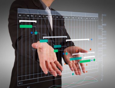 Proje Yöneticisi çalışma ve güncelleştirme görevleri kilometre taşları ilerleme planlama ve Gantt grafiği sanal diagram.business adam bir şeyler gösteriyor olarak açık bir el ile planlama kavramı.