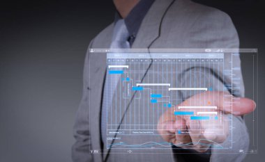 Proje Yöneticisi çalışma ve güncelleştirme görevleri kilometre taşları ilerleme planlama ve Gantt grafiği sanal diagram.business adam bir şeyler gösteriyor olarak açık bir el ile planlama kavramı.