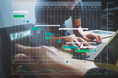 Proje Yöneticisi çalışma ve güncelleştirme görevleri kilometre taşları ilerleme planlama ve Gantt grafiği sanal diyagramı zamanlama. Başlangıç programlama takım. Dijital tablet çalışma web sitesi Tasarımcısı klavye rıhtım.