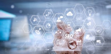 Mobil Web sitesi ve modern teknoloji ve dijital Katman efektini iş stratejisi kavramı olarak çalışma açılış sayfası sanal diagram.businessman el ile Web sitesi için SEO Optimizasyon