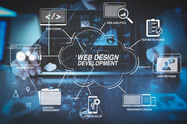 Web sitesi tasarımı modern dizüstü bilgisayar sanal simge diyagramı ile modern Office ile çalışan sanal diagram.businessman el ile programlama ve kodlama teknolojileri geliştirme