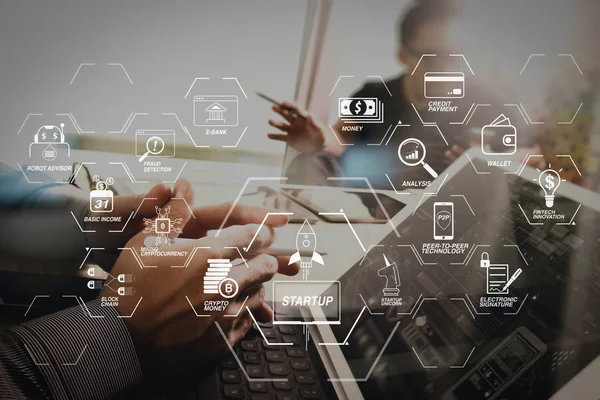 Diagrama Flujo Tecnología Financiera Criptomoneda Minería Ingresos Básicos Con Blockchain — Foto de Stock