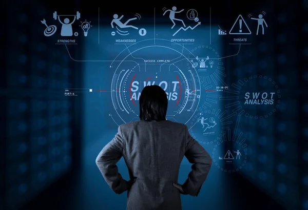 SWOT Analysis virtual diagram with Strengths, weaknesses, threats and opportunities of company.businessman working with modern computer.