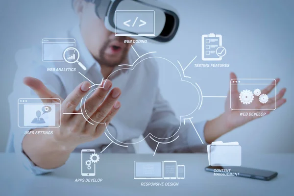 Vývoj Technologie Programování Kódování Designu Webových Stránek Virtuální Diagram Businessman — Stock fotografie