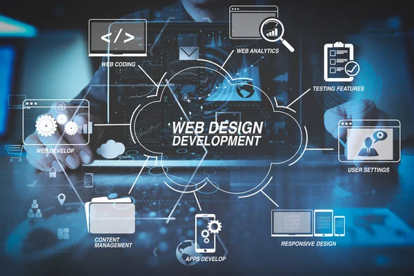 仮想アイコン ダイアグラムと近代的なオフィスに現代のラップトップ コンピューターで作業する仮想 Diagram Businessman 手のウェブサイトの設計とプログラミングとコーディング技術を開発 — ストック写真