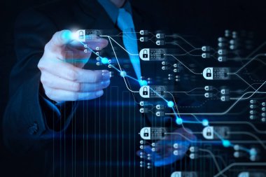 Blockchain teknoloji kavramı ile zincir ve şifreli blocks.businessman el dokunmatik ekran bilgisayarda sanal grafik iş çizimi diyagramı