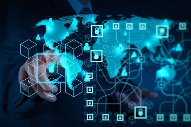 Blockchain teknoloji kavramı zinciri ve şifreli blocks.businessman yeni modern bilgisayar ile birlikte çalışma diyagramı ile göstermek sosyal ağ yapısı