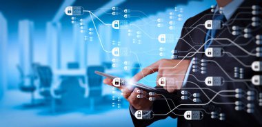 Blockchain teknoloji kavramı ile zincir ve şifreli blocks.businessman başarı ile onun tahta Oda arka plan çalışma diyagramı