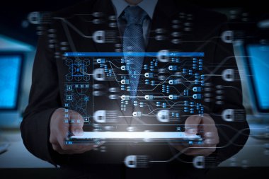 Blockchain teknoloji kavramı ile zincir ve şifreli blocks.businessman dijital tablet bilgisayar ve sanal diyagramı çalışma diyagramı.