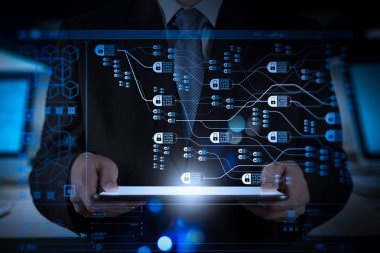 Blockchain teknoloji kavramı ile zincir ve şifreli blok diyagramı.