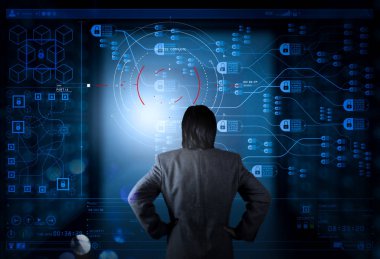 Blockchain teknoloji kavramı ile zincir ve şifreli blok diyagramı.