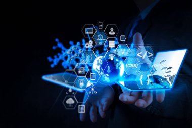 Yazılım geliştirici iş kodlama artar gerçeklik kontrol paneli bilgisayar ile çevik geliştirme ve kod çatal simgeleri radyodan ve sürüm duyarlı cybersecurity.businessman ile modern teknoloji kavram olarak gösterir
