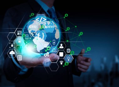 Yazılım geliştirici çalışma ile kodlama ile yeni modern bilgisayar çalışma duyarlı cybersecurity.businessman scrum çevik geliştirme ve kod çatal ve sürüm oluşturma gerçeklik kontrol paneli bilgisayar simgeleri artar 