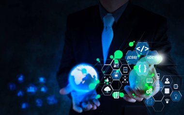 Yazılım geliştirici çalışma ile kodlama augmented gerçeklik kontrol paneli bilgisayar simgeler scrum çevik geliştirme ve kod çatal ve duyarlı cybersecurity.businessman çalışma ile sürüm oluşturma.