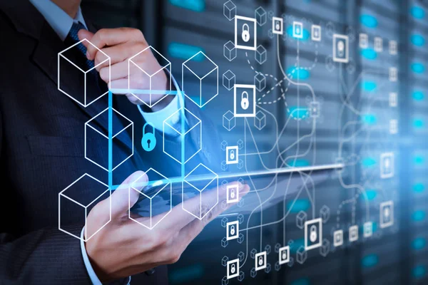 Concepto Tecnología Blockchain Con Diagrama Cadena Mano Blocks Businessman Encriptada —  Fotos de Stock